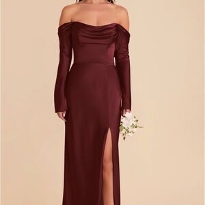 Birdy Grey Maya Matte Satin Cabernet Off-Shoulder Burgundy Dress